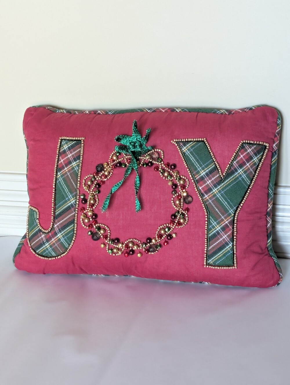 Vintage Pier 1 Beaded, Jingle Bells Tarten Plaid JOY Pillow Christmas Holiday